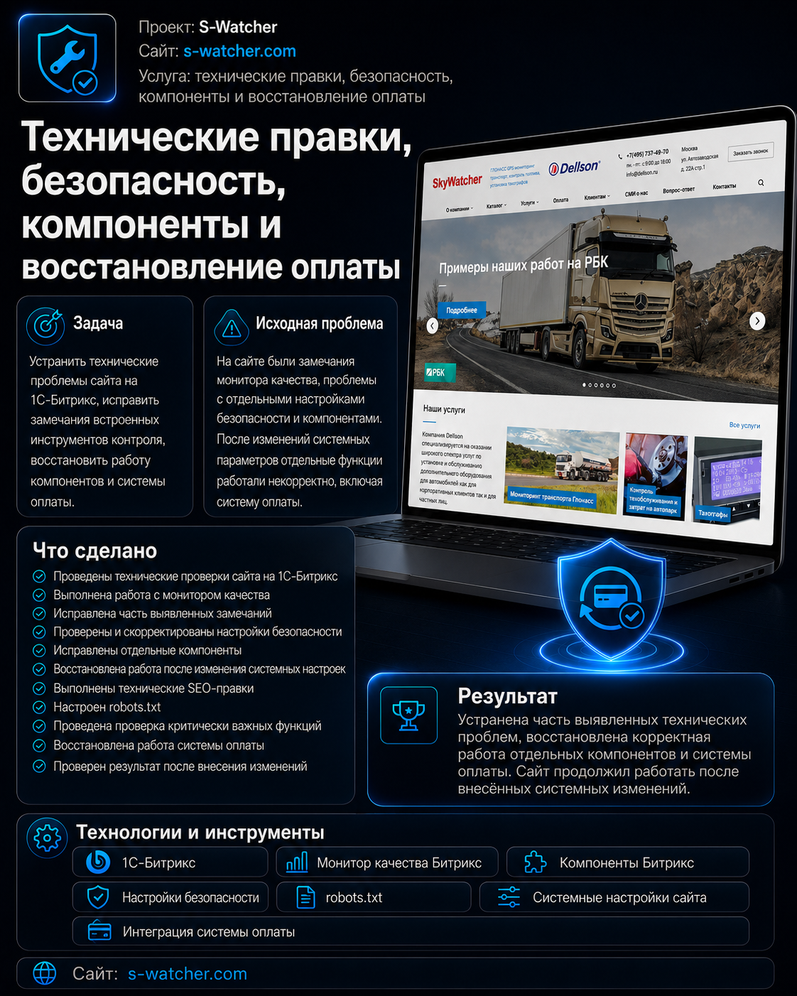 Technical support, maintenance and improvements for 1C-Bitrix websites.